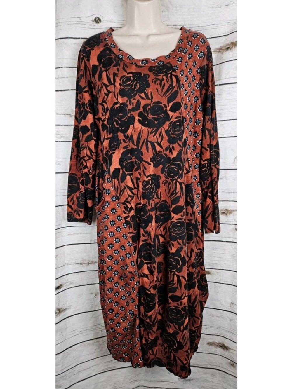 LIV Habitat Brown Floral Slub Knit Dress XL Lantern Lagenlook Midi Cotton Blend